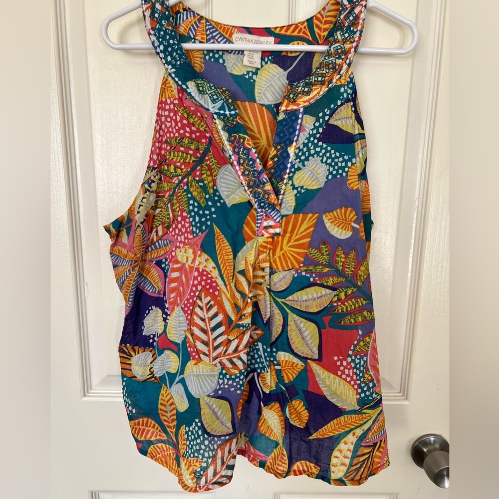 Cynthia Rowley Tropical Print Sleeveless Blouse XL 100% Cotton Colorful Leaf Top